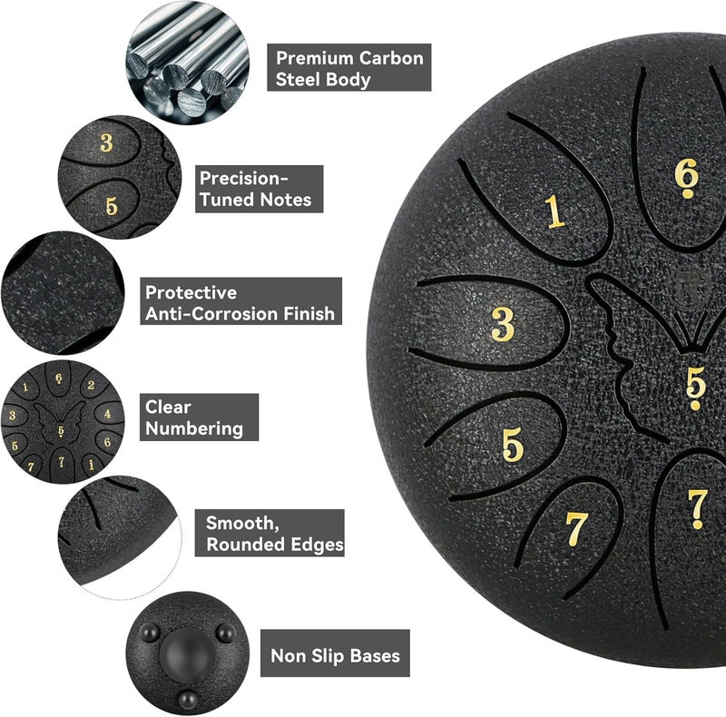 RANMING 6 Inch Steel Tongue Drum 11Note C Key Tongue Drum Kids & Adult Handpan with Gig Bag Music Book Mallets Finger Loops Mallets Stand Highlight Stickers for Meditation,Yoga & Camping Black - Image 4